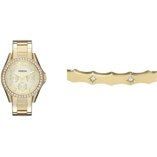 Fossil Damenuhr Riley mit Edelstahlarmband & Damenarmspange Sutton Scalloped im Set
