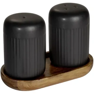 Salz- / Pfefferstreuer "REFIA", schwarz, B:12,5cm H:8cm, SCHÖNER WOHNEN-KOLLEKTION, Gewürzstreuer, Salz- / Pfefferstreuer, Gewürzstreuer aus Keramik, Tablett aus Akazienholz