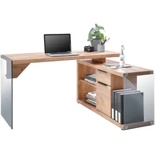 Eckschreibtisch , Eichefarben , Glas, Holzwerkstoff , 1 Schublade(n) Schubladen , rechteckig , 116.5x74x141.8 cm , seitenverkehrt montierbar , Büromöbel, Büromöbel-Sets & Büromöbel-Serien, Büromöbelserien