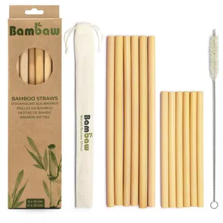 Bambus Strohhalme | 6 x 13 cm + 6 x 22 cm | 12er-Pack | Wiederverwendbare Trinkhalme | Biologisch abbaubare Strohhalme | Strohhalme Ohne Plastik | Reinigungsbürste Für Trinkhalme | Bambaw