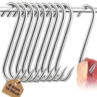 10 Stück Fleischerhaken Edelstahl mit Spitze, Fleischhaken - Ø 6mm | 18cm |50 kg Belastbar- S Haken Edelstahl, Fleischereibedarf Räucherhaken für Forellen, Räucherhaken, Hängehaken, Metzgerhaken