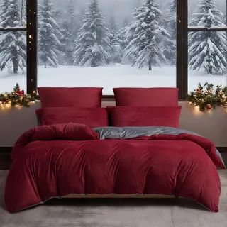 YASMENG Winter Bettwäsche 135x200 4teilig Weinrot Grau Warm Kuschelig Flauschige Bettwäsche Winter Weich Warme Samt Plüsch Fleece Flanell Wendebettwäsche mit Reißverschluss und 2 Kissenbezüge 80x80 cm