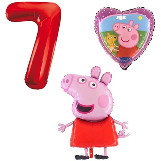 Ballonset Peppa Wutz Pig 3 er Set Peppa Folienballon, Zahl 7 in rot, Peppa mit Teddy Herz