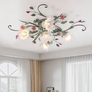 meibeileil Deckenleuchte Landhaus,Vintage Blumen Design Metall Pendelleuchte, Kronleuchter Mit Glas Lampenschirm Und Rosa Rosen Keramik Für Wohnzimmer Schlafzimmer Restaurant Flur 5 Kopf Grün