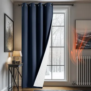 Deconovo Thermovorhang Kälteschutz, Gardinen mit Ösen gegen Kälte, Wärmeisolierend Vorhang Verdunkelung Wohnzimmer, 214x132cm(HöhexBreite), Dunkelblau, 1 Stück