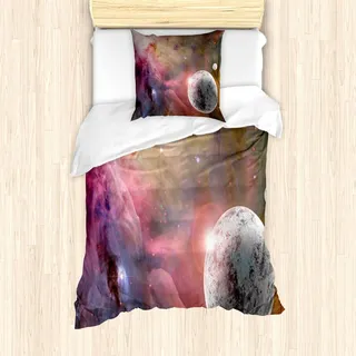 ABAKUHAUS Weltraum Bettbezug Set, Unbekannter Gefrorener Planet In Einem Stern Feld Mit Galaktischem Energie Bild Des Nebel Druck, 135 x 200 cm + 80 x 80 cm, Rosa - Rosa