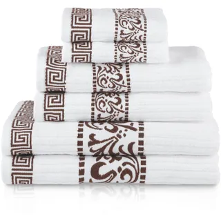 Baumwollhandtuch-Set, hochwertig, dekoratives griechisches Muster, für Zuhause, saugfähig, Badezimmer-Deko, Spa, Resort, 2 Hand-, 2 Gesichts- und 2 Badetücher, Athen-Kollektion, 6-teilig, Schokobraun