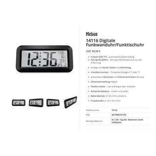 MEBUS Funkwanduhr 42 cm 14116 schwarz/silber