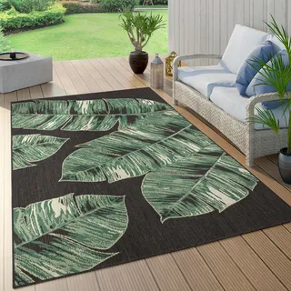 Outdoor Teppich Wetterfest Balkon Palmen Dschungel Florales Boho Muster Grün Grösse 150 cm Quadrat - Schwarz