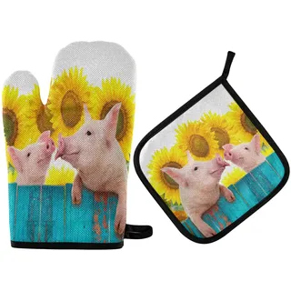Exnundod Lustige Schweine-Sonnenblumen-Ofenhandschuhe und Topflappen-Set mit Federzaun, heiße Pads und Handschuhe, 2 Topflappen für Küche, Kochen, Grillen, Backen