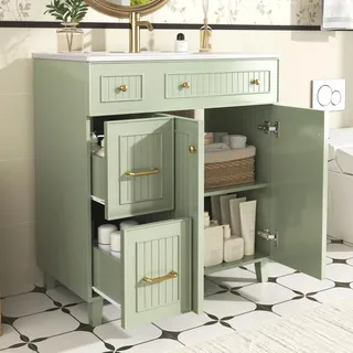 STILVORA Waschtischunterschrank mit Keramikwaschbecken, Badschrank mit Schubladen & Tür, lackierte Oberfläche & Massivholzfüße, Badezimmermöbel für Bad & Gäste-WC, Grün - Grün