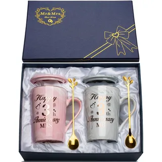 Geschenke zum 3 Hochzeitstag, 2PCS Mr Mrs Keramik Marmor Tasse Set 14 Oz, 3 Hochzeitstag Geschenke Kaffeetassen für Paare, 3-Jahr Beziehung Geschenk mit Karte, Löffel, Becherdeckel, Geschenkbox