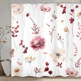 Omifly Duschvorhang mit Aquarell-Blumenmuster, 183 x 183 cm, Frühlingsburgunderrot, Blumendruck, Badezimmer-Vorhang, Boho-Duschvorhänge für Badezimmer, wasserdichter Stoff, waschbar, Duschvorhang-Set