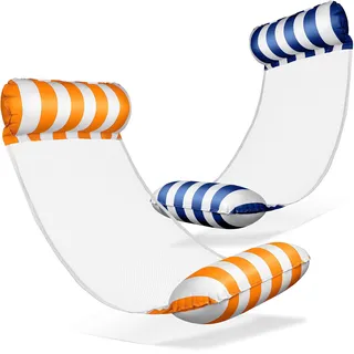 Balinco – Aufblasbare Wasserhängematte Luftmatratze mit 2 Luftkammern & Nylon Netz für Pool – Floatie Wassermatratze Relaxliege für Erwachsene & Kinder – Sommer Poolzubehör (Blau/Weiß + Orange/Weiß)