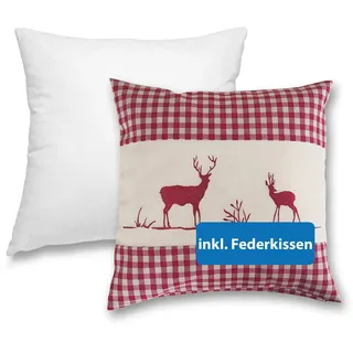 wometo Landhaus Kissenbezug 40x40 Hirsch rot inkl. Federkissen Oeko-TEX | Dekokissen-Set - Zierkissen kariert, Sofakissen mit Reißverschluss und Füllung, Kissenhülle inkl. Innenkissen