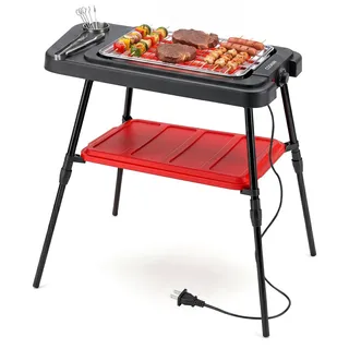 COSTWAY 2in1 Elektrogrill 2000W bis 280°C, Standgrill höhenverstellbar, Tischgrill mit doppelter Grillplatte, Ablage & einstellbarer Temperaturregler - Schwarz, Rot