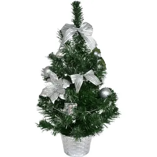 Weihnachtsbaum 50 cm Silber mit Poinsettien, Sternenkette und silbernem Topf - Silber