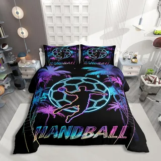 Homewish Neon Streetstyle Handball Bettwäsche 135x200 Mikrofaser Ästhetik Blau Lila Farbverlauf Bettbezug Palmen Pflanzen Handballspieler Silhouette Bettwäsche Set Handball-Fan Jungen Bettset