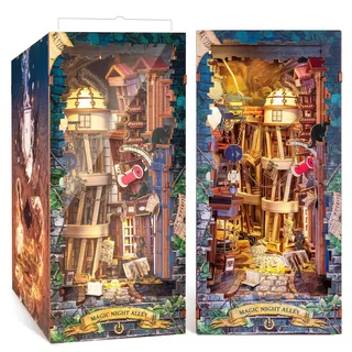 FUNPOLA 3D Holzpuzzle Book Nook Kit, Magisches DIY Miniatur-Puppenhaus mit LED-Licht, Bücherregal-Einsatz Buchstütze zur Ausstellung, 3D-Puzzle-Bastelset für Erwachsene (Magische Nachtgasse)