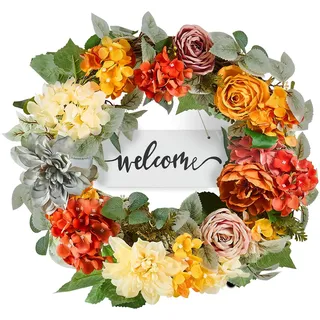 Vevor Künstlicher Dekokranz, 60,96cm, Rot, Orange, Gelb, dekoriert mit Hortensien, Rosen, Holzschild, Ganzjahreskranz, Türkranz, Saisonkranz, Innen- & Außenbereich, Hauswand, Fenster, Festdekoration