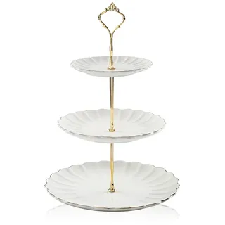 Sweejar Home 3-stöckiger Keramik-Kuchenständer, gestufter Hochzeits-Dessert-Cupcake-Ständer für Teepartys, Essens-Servierer (weiß)