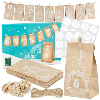 Adventskalender zum Befüllen: Adventskalender 2025 - Papiertüten klein, Zahlen Aufkleber, Band, Holz Klammern - Adventskalender selber basteln LIVAIA