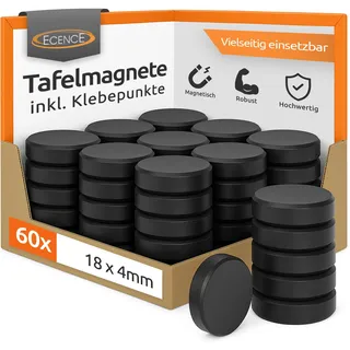ECENCE Magnete für Magnettafel 60 Stück, Ferrit Magnet, Starke Haftmagnete für Kühlschrank, Whiteboard & Pinnwand, rund inkl. Klebepunkte, 18x4mm