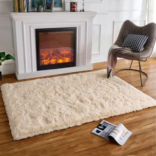 HARESLE Beige Hochflorteppich 120x160cm Teppich für Schlafzimmer | Plüsch, Rutschfest, Hochflor 4-5 cm, Hochwertiger Schwamm, Waschbarer, für Lounge, Kinderzimmer, Babyzimmer