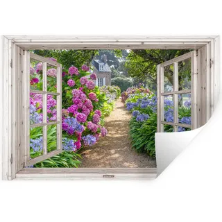 MuchoWow Wandtattoo Hortensie - Fensterblick - Blumen - Sommer - Lila - Weg 120x80 cm , Kunststoff , 120x80x0.1 cm , Tapeten & Wandverkleidungen, Wandtattoos & Sticker