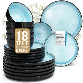 Steingut Geschirrset 6 Personen Ibiza 18 tlg. TESTSIEGER, Traumhaftes Mediterranes Steingut Geschirr Set, Schüssel- und Teller Set, Tafelservice 6 Personen, Geschirrsets Pure Living in Türkis