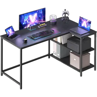 VASAGLE Eckschreibtisch in L-Form, Computertisch, 120 x 80 cm | mit Stauraum, höhenverstellbare Ablage, 2 AC-Steckdosen und 2 USB-Anschlüssen, ebenholzschwarz, BARNET Kollektion LWD136BE01