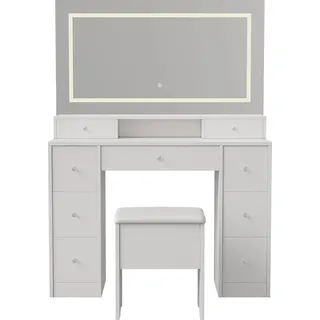 Schminktisch mit Spiegel - Frisierkommode - 3-farbiges LED-Licht mit Touch - Großer Spiegel - Viele Schubladen - Mit Hocker - 110x40x150 cm Weiß - Weiß