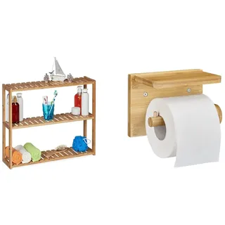 Relaxdays Wandregal Bambus, 3 Ablagen, 50 x 60 x 15 cm, Bad & Küche, Natur & Toilettenpapierhalter mit Ablage, für Handy & Feuchttücher, Bambus Klopapierhalter, 12x16x10,3 cm, Natur