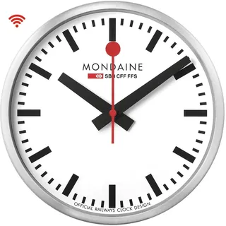 Mondaine Official Swiss Railways WiFi stop2go Wanduhr 25cm, Quarz Smart Uhrwerk, minimalistisches Design, roter Sekundenzeiger, Bluetooth Raumtemperatur Anzeige, Silber