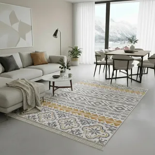Fashion4Home Teppich Läufer - Tepiche für Wohnzimmer, Schlafzimmer, Küche, Kinderzimmer, Badezimmer - Boho Kelim - Läufer Flur, Ceramic-Hellgrau-Gold, Größe: 120x170 cm
