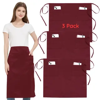 3 Stücke Taillenschürze mit 2 Taschen, Rot Halbschürze für Damen Herren | Wasserdicht Kochschürzen mit langen Riemen, Kellnerschürze Lang für Bistro Restaurant Server Arbeit Küche Kochen Bar Gastro