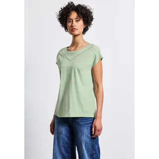 Shirttop STREET ONE, Damen, Gr. 38, grün (soft jade grün), Jersey, Obermaterial: 50% Baumwolle, 50% Modal, unifarben, regular fit taillenbedeckt, Rundhals, Tops Shirttop, mit Deko-Tape, Topseller