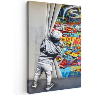 MuchoWow Leinwandbild Graffiti - Junge - Ilussie - Straßenkunst Wanddeko Schlafzimmer 60x90 cm , Hellgrau , Textil , Kiefer , Abstrakt , Rechteckig , 60x90 cm , FSC 100% , gerahmt , Bilder & Rahmen, Bilder, Leinwandbilder