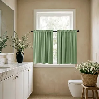 KOUFALL Kurze Fenstervorhänge für Badezimmer, Verdunkelungsvorhänge für Küche, Salbeigrün, 61 cm Länge, Set mit 2 Paneelen