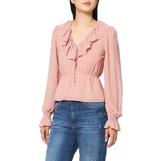 NA-KD Damen Chiffonbluse mit Rüschen, V-Ausschnitt, Rose, 46