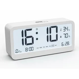 PASIVOLE Digitaler Wecker mit Batteriebetrieb und Kalender | Temperatur | Luftfeuchtigkeit | LCD Display | 2 Weckzeiten | Schlummerfunktion Kleine Tischuhr (Weiß)