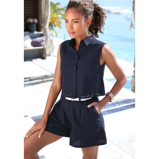 Blusentop LASCANA, Damen, Gr. 42, blau (navy), Web, Obermaterial: 49% Viskose, 43% Baumwolle, 8% Leinen, unifarben, gerade taillenbedeckt, Blusen Blusentop, mit Häkelapplikation, Leinenbluse, Sommertop, casual, Topseller