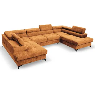 U-Form Polsterecke Sorento U 345 cm XXL Ecksofa große Schlafecke mit Bettkasten Kopfstützen Wohnlandschaft, Stoff: sally 14 - orange - Orange