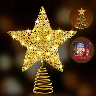 WHOLEV Gold Weihnachtsbaumspitzen Stern, 25cm Glitzer-Baumspitzen aus Golddraht mit Timer, Stromversorgung über Batterie oder USB, 20 LED-Lichter, beleuchteter Stern-Baumschmuck für Weihnachtsbaum