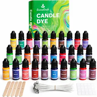 LumaCraft 30 Farben Flüssiges Kerzenfarbe Set hochkonzentriert-10ml, Pflanzenbasierte Seifenfarbe für DIY, Zubehör mit 20 Dochten, Holzhaltern & Aufklebern für Kerzen gießen und Seife selber machen