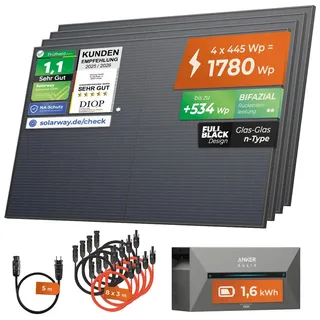 Solarway® 1780Wp / 800W Balkonkraftwerk mit 1,6 kWh Speicher komplett Steckdose - 1,6 kWh Anker SOLIX 2 PRO Speicher