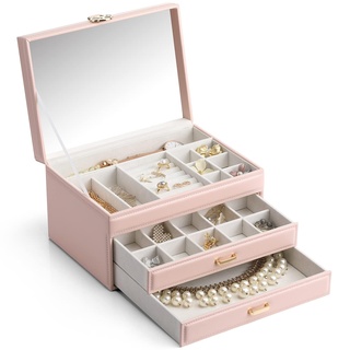 Vlando Schmuckkästchen, große Kapazität, Schmuck-Aufbewahrungsboxen, Kunstleder, Spiegel, Schmuck-Organizer, Box, Ohrringe, Halskette, Ringe, Armband für Mädchen, Damen, Muttertagsgeschenk (Rosa,