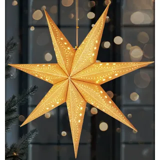 BRUBAKER 3D Weihnachtsstern zum Aufhängen - LED Papierstern mit Timer - 60 cm Adventsstern Batteriebetrieben, Gold - Gold