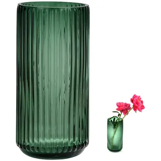 TSKDKIT Glas Blumenvase Modern Zylinder Vase, Handgemacht Kristall Vasen Grün 20cm Hoch, Thickened Gestreifte Glasvase Boho für Home Office Dekor, Tischdeko, Geburtstagsgeschenk, Hochzeiten