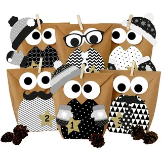 Papierdrachen Adventskalender 2025 zum Befüllen - 24 schwarz-weiße Weihnachtseulen-Tüten - DIY Set mit Zubehör - weihnachtliche Motive für Kinder